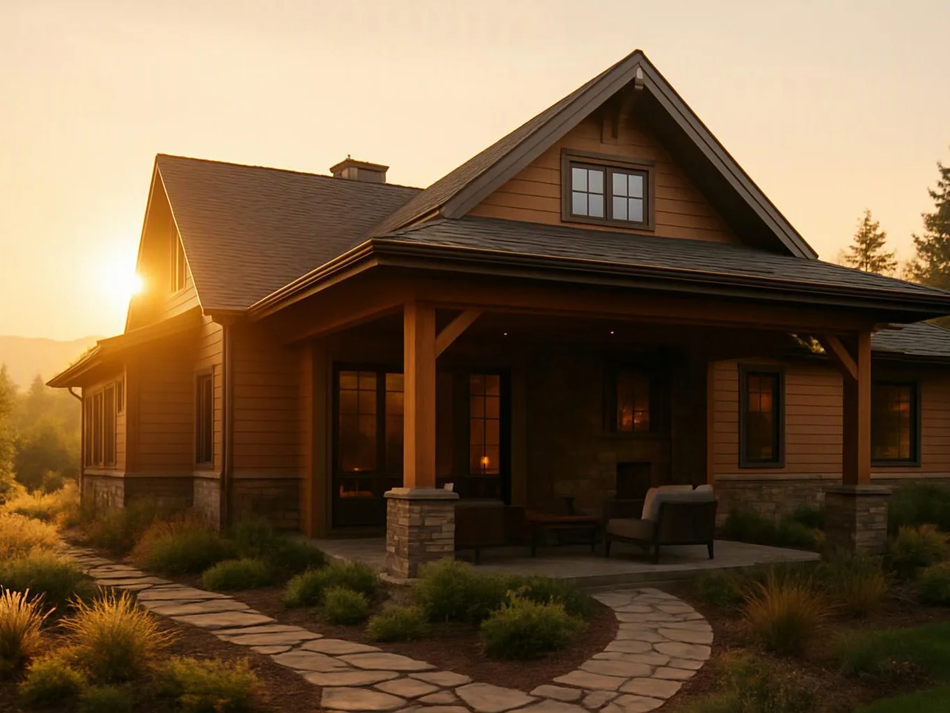 A rustic house with a covered porch sits in warm sunset light beside a stone path and shrubs