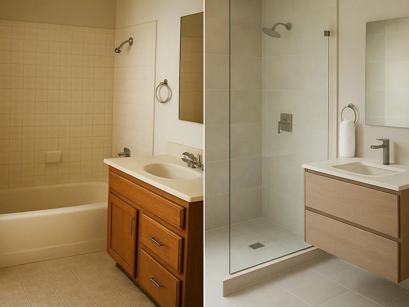 A side by side bathroom shows a tub and wood vanity on the left, a glass shower and floating vanity on the right