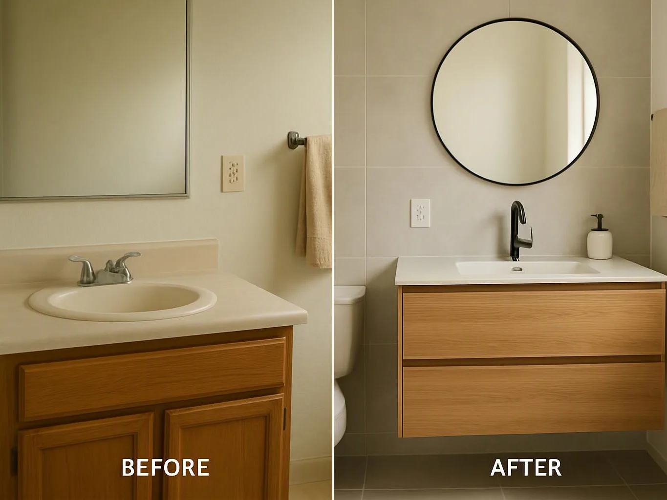 Side by side bathroom vanity before and after, showing a dated sink replaced with a modern floating cabinet and round mirror