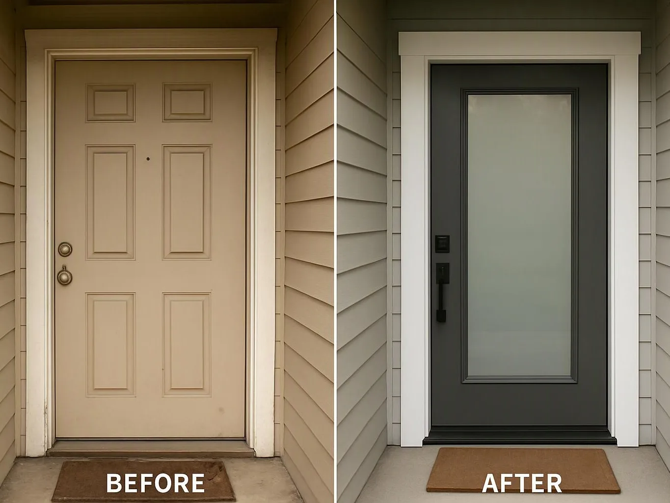 Side-by-side entry doors on a house porch show a beige before door and a modern dark after door