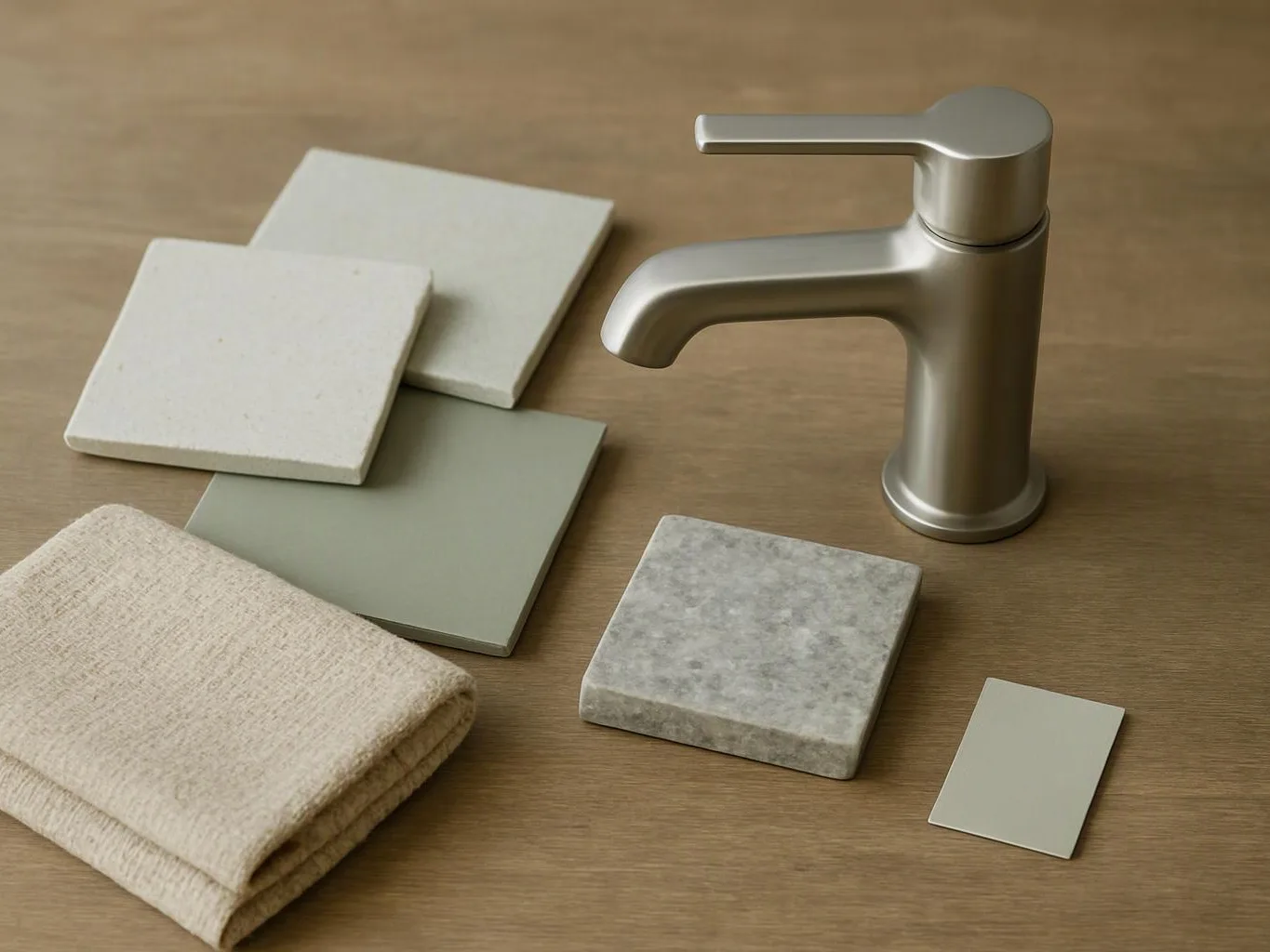 A silver faucet sits beside sample tiles and folded fabric on a wooden tabletop