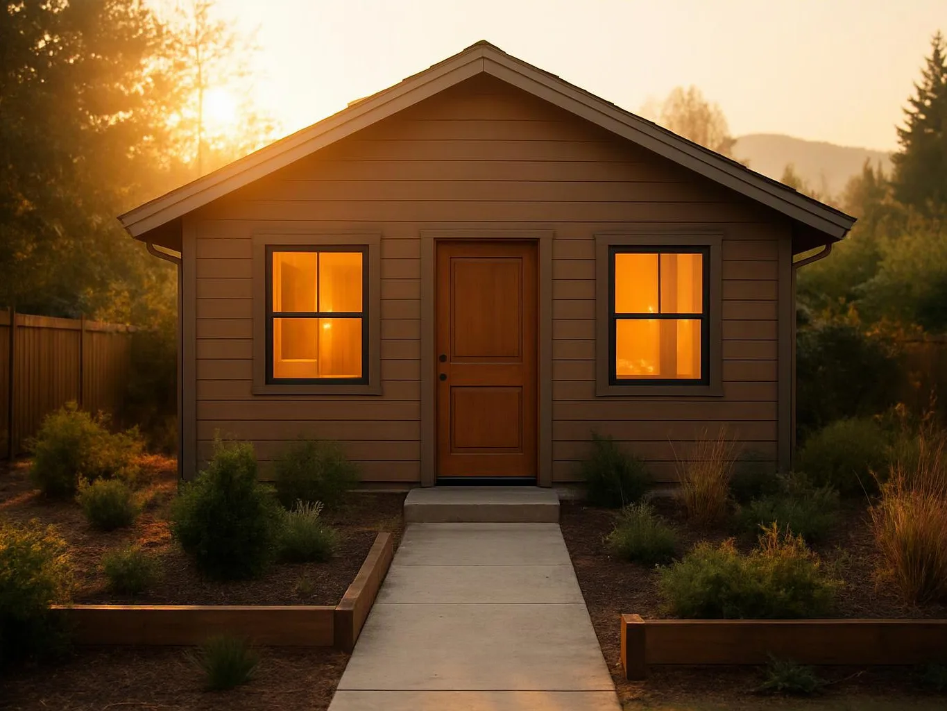 A small brown house glows in warm sunset light, with lit windows and a path to the front door