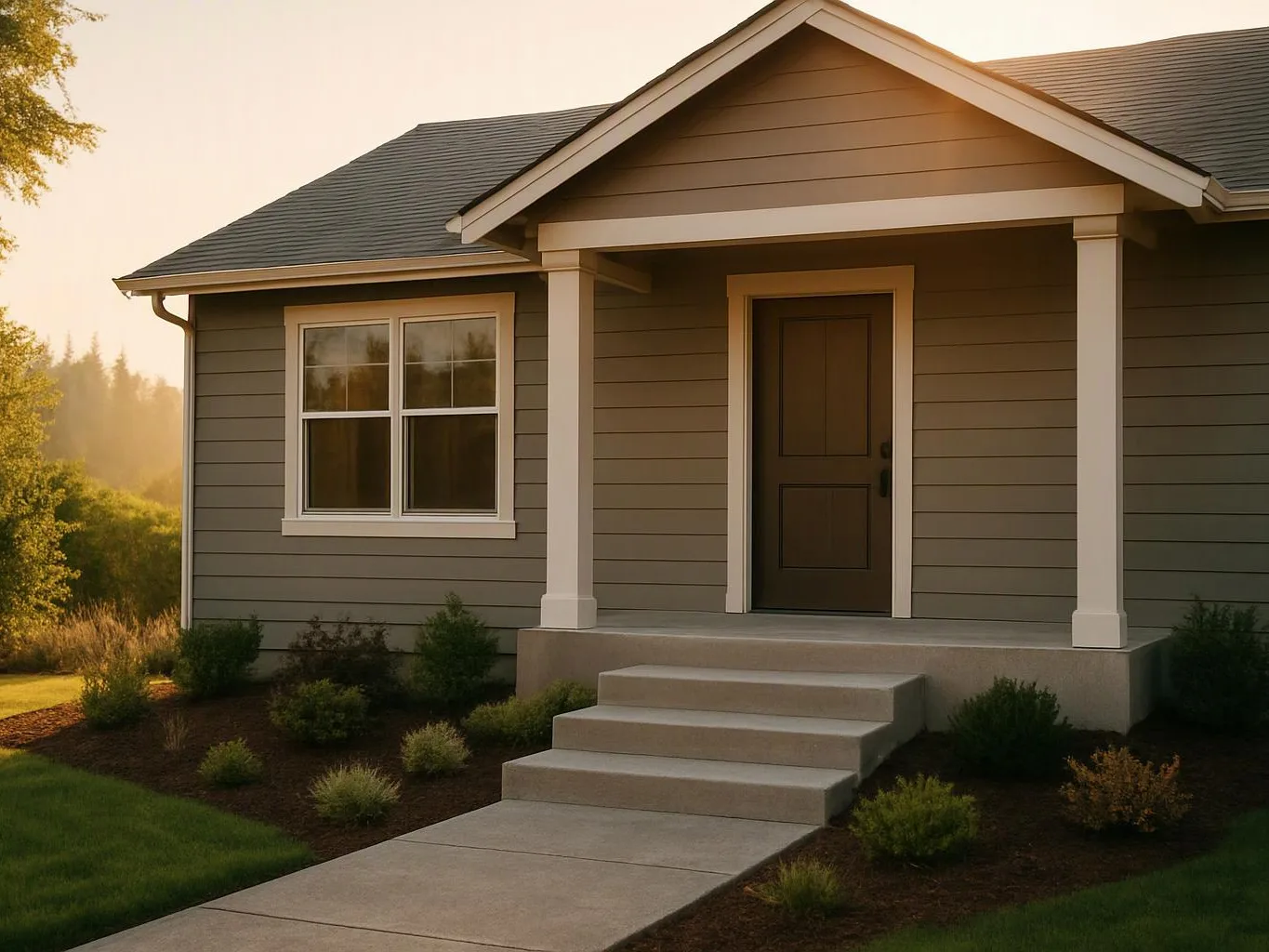 A small gray house with a front porch, steps, and a walkway sits in warm evening light