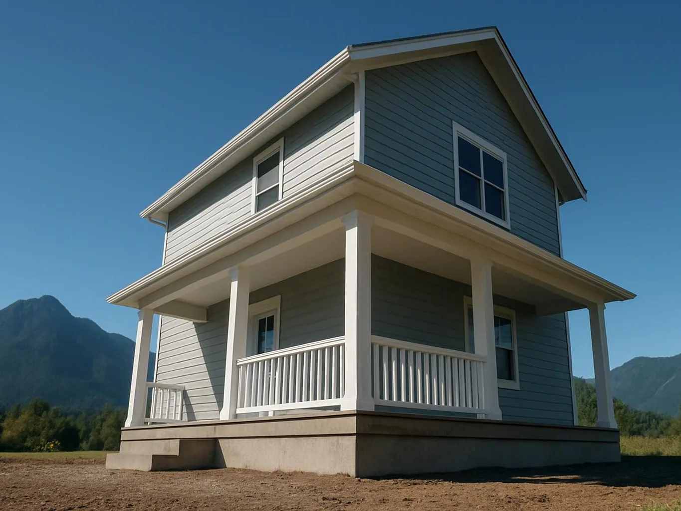 A small gray two-story house with a porch stands alone on bare ground under a clear blue sky