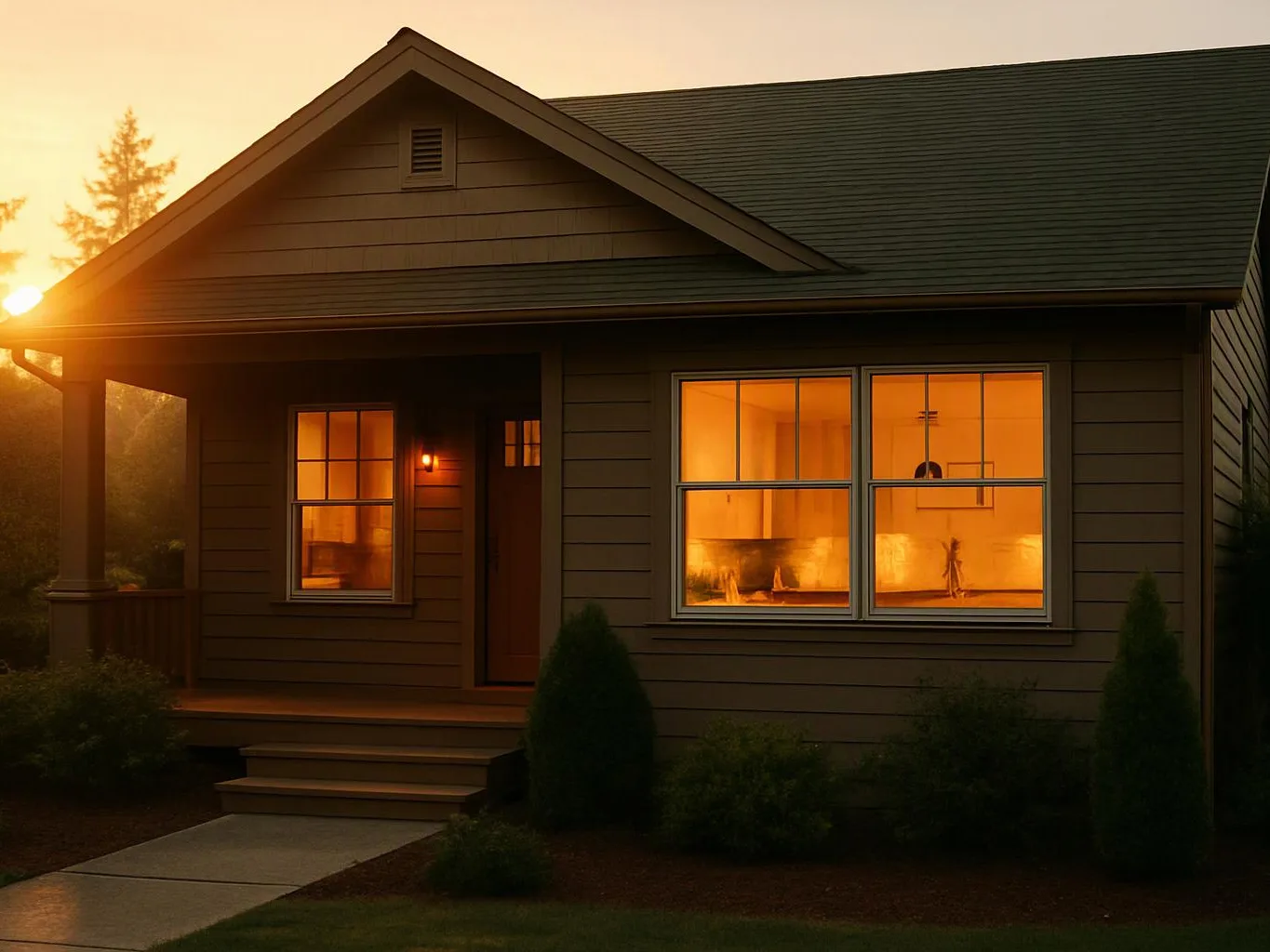 A small house at sunset glows through warm windows, with a porch, steps, and dark roof visible