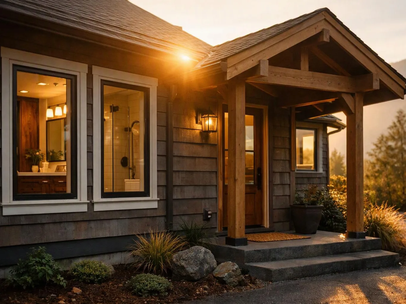 A small modern house with a wooden porch glows in warm sunset light