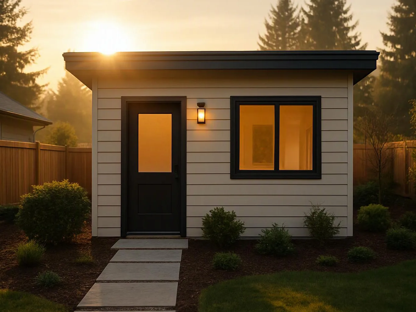 A small modern shed stands in a fenced yard at sunset, with lit windows, a black door, and a stone path