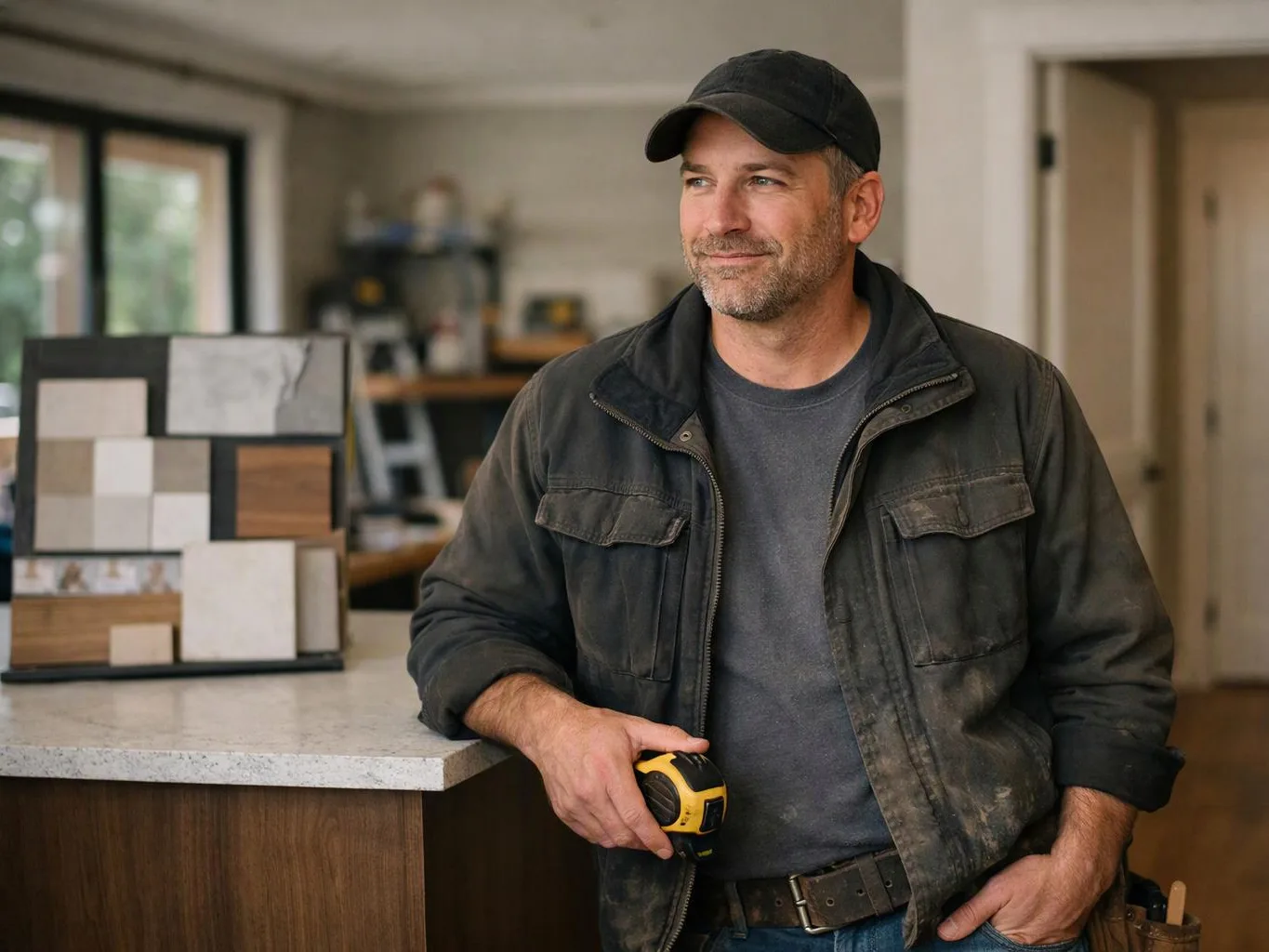 A smiling man in a dusty jacket stands in a home interior, holding a yellow tape measure near a countertop sample display