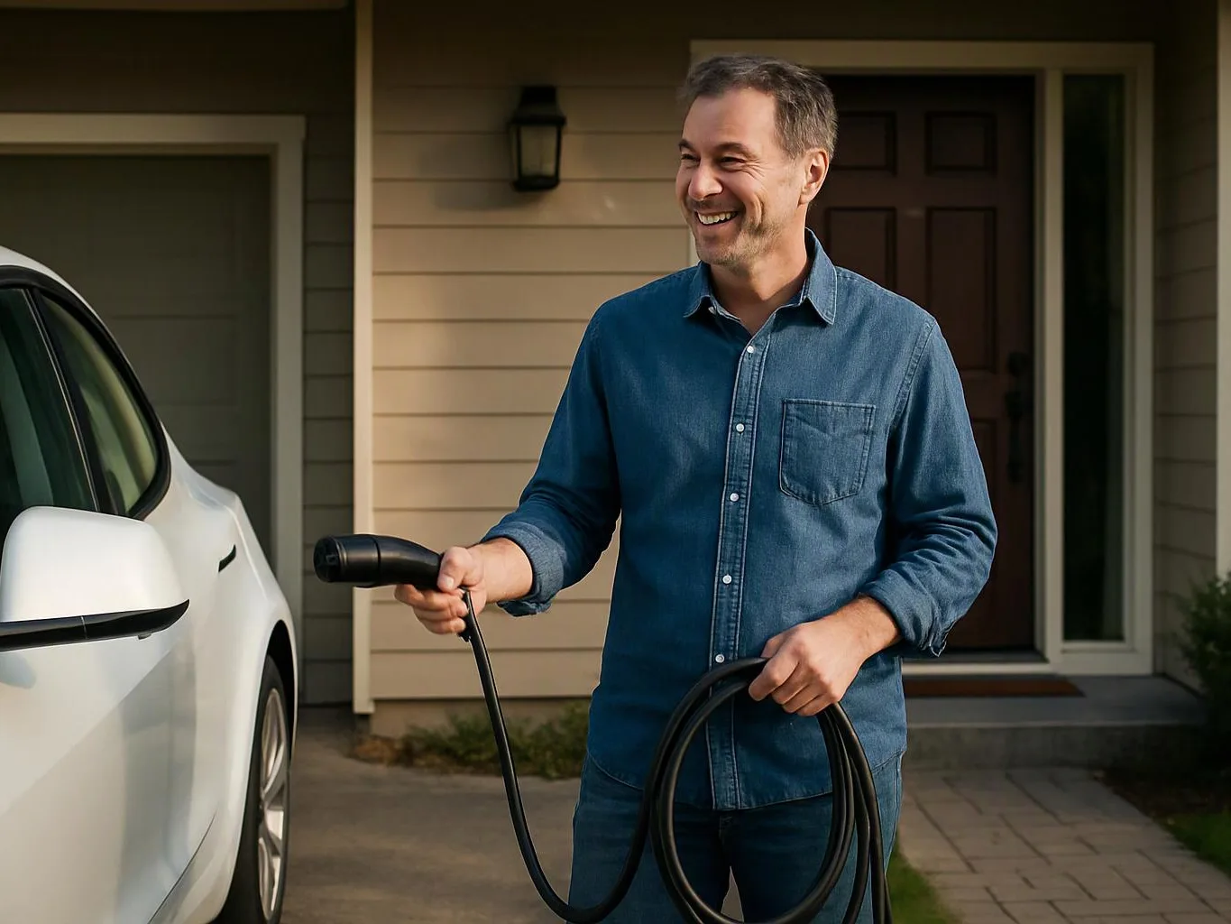 A smiling man stands beside a white car, holding an electric charging cable in a driveway