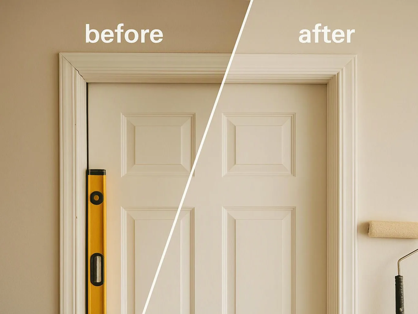 Split before-and-after view of a cream door frame, with a level against the left side and a paint roller on the right