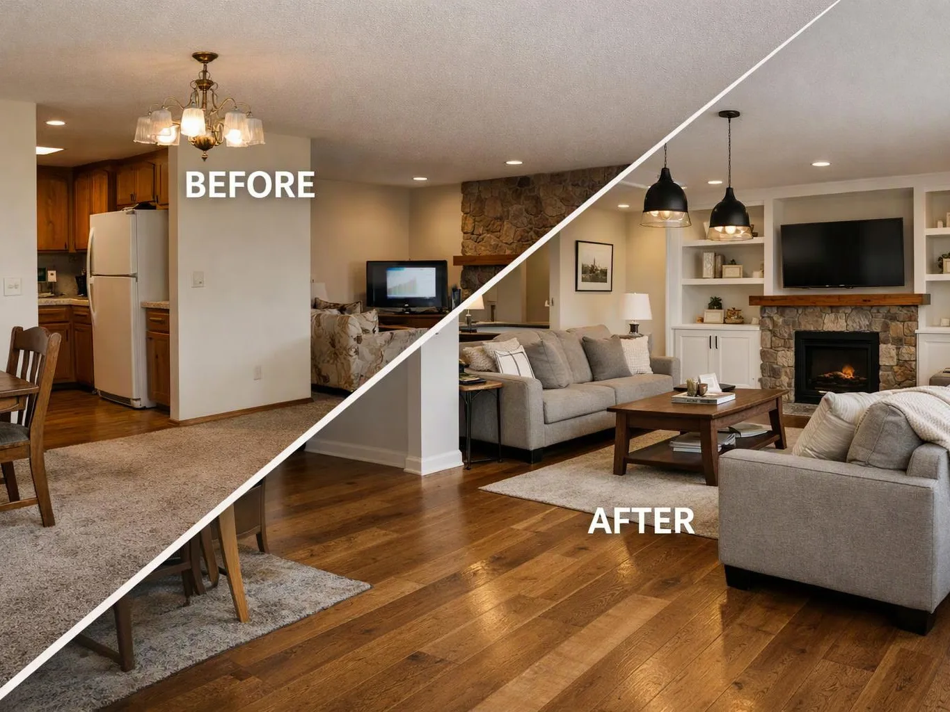 Split before-and-after view of a living room