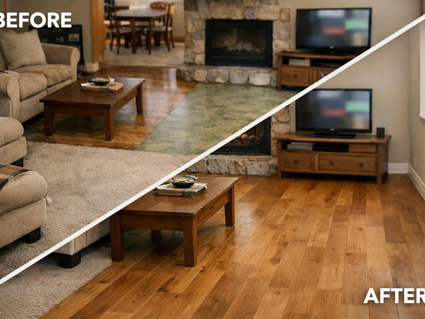 Split before-and-after view of a living room, showing carpet replaced with hardwood around a stone fireplace and TV console
