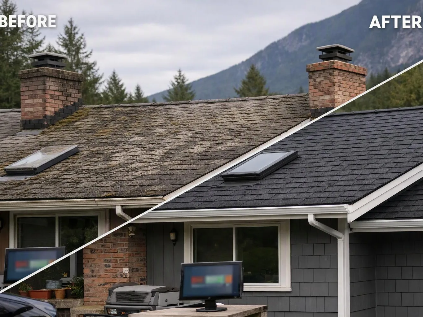 A split before-and-after view shows a house roof replaced from weathered shingles to dark new shingles under cloudy mountains