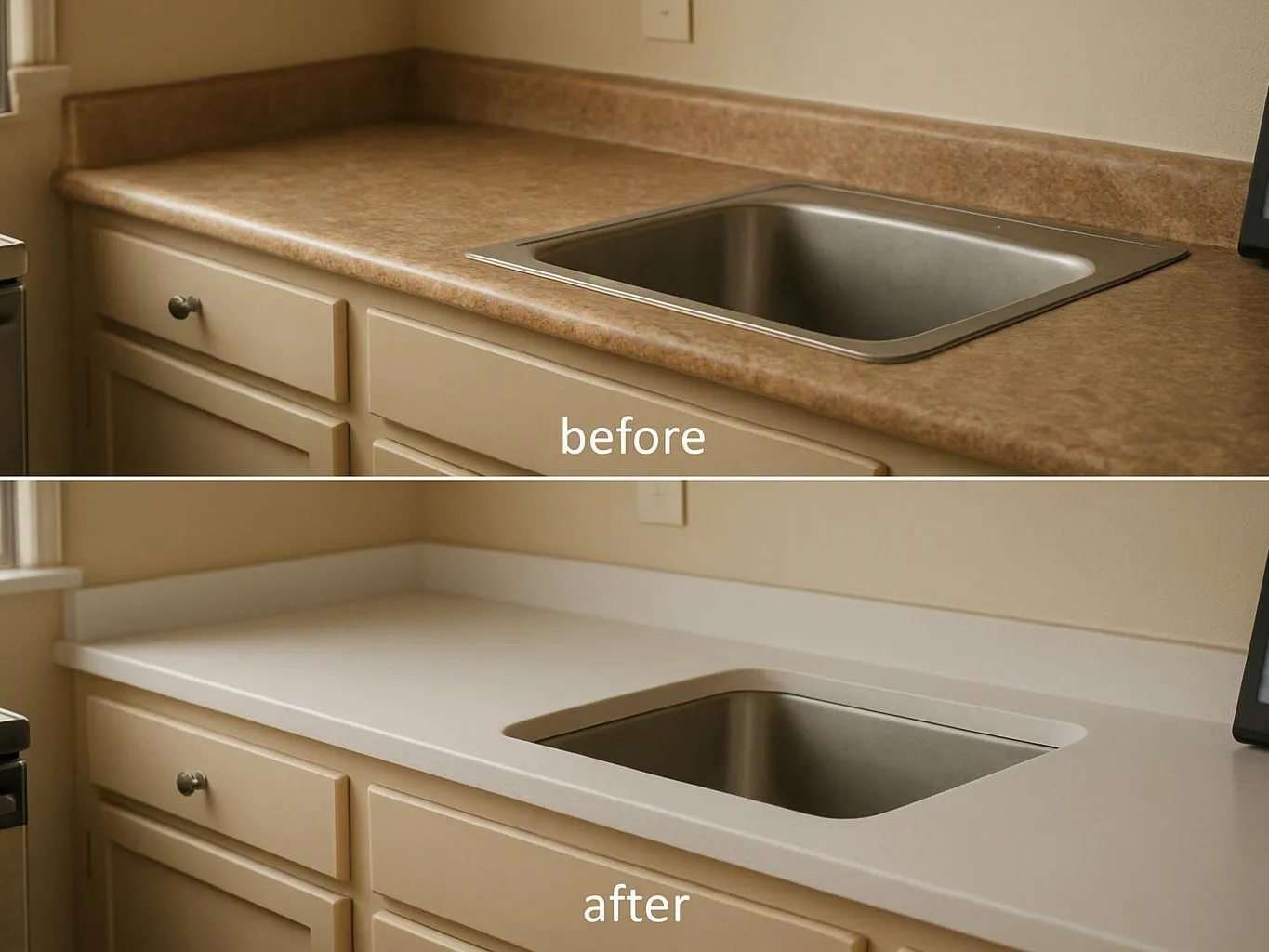A split before-and-after view shows a kitchen countertop and sink changed from brown laminate to white solid surface