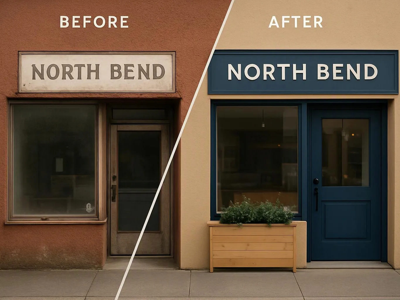 Split before-and-after view of a storefront, with a faded brown facade changed to a blue-painted entrance and planter box