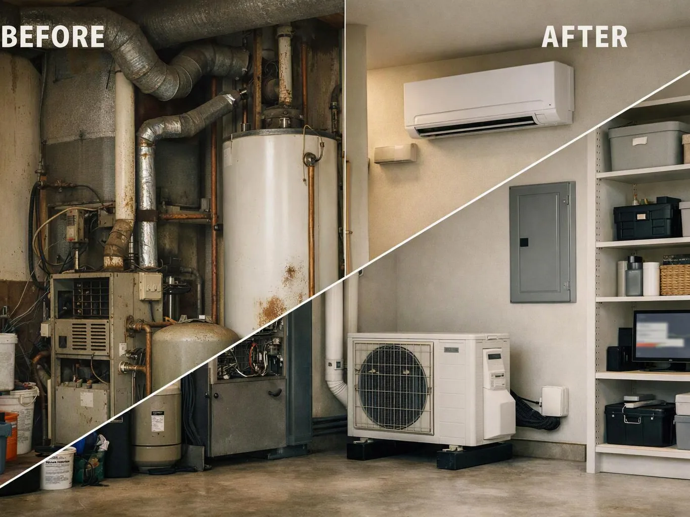 Split before and after view of a utility room, showing old pipes and equipment beside a cleaner modern HVAC setup