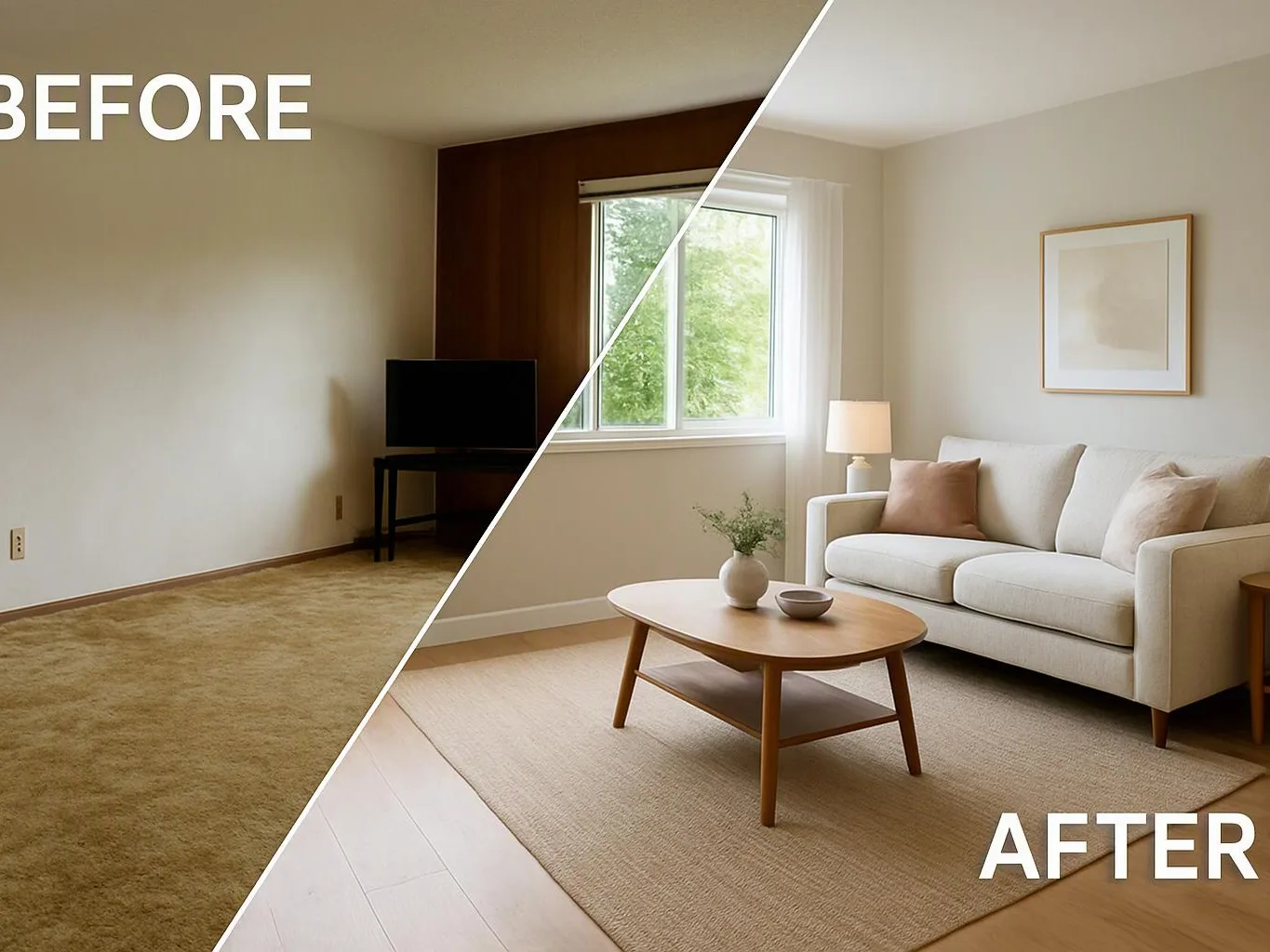 A split image shows a bare room before and a furnished living room after with sofa, table, lamp, and window