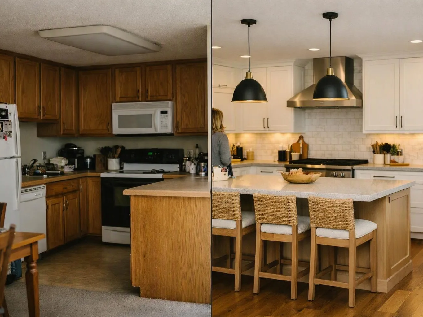 Split image shows a dated kitchen beside a bright renovated kitchen with an island and pendant lights