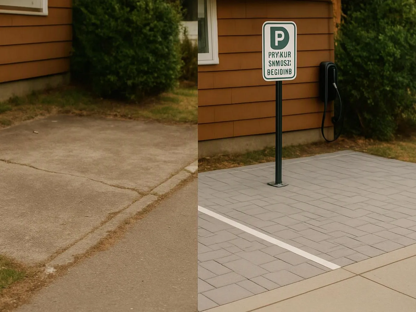 A split image shows an empty cracked concrete pad and a marked parking space beside a brown building with a parking sign