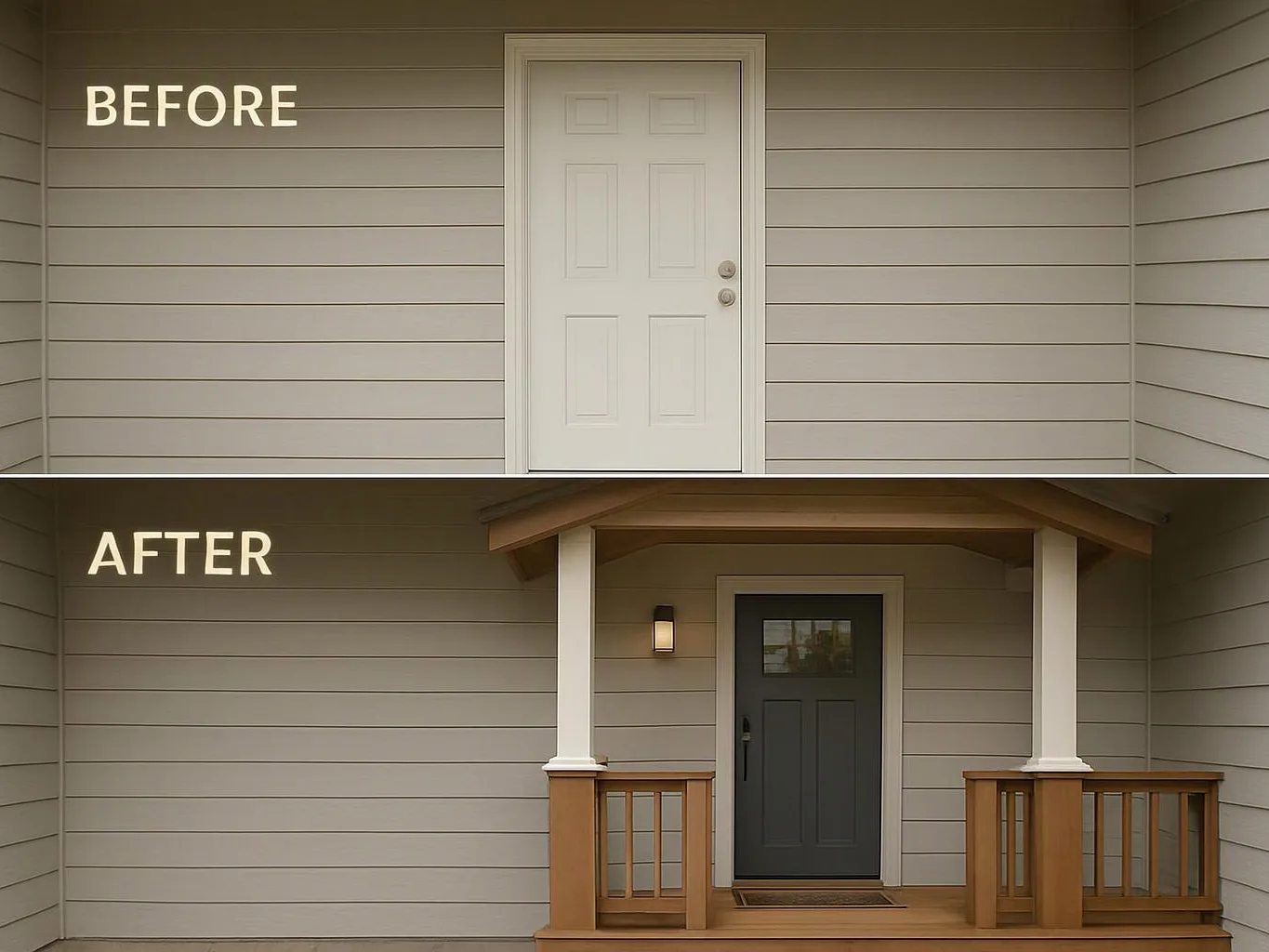 Split image shows a plain front entry before and after with a new porch, dark door, and railings