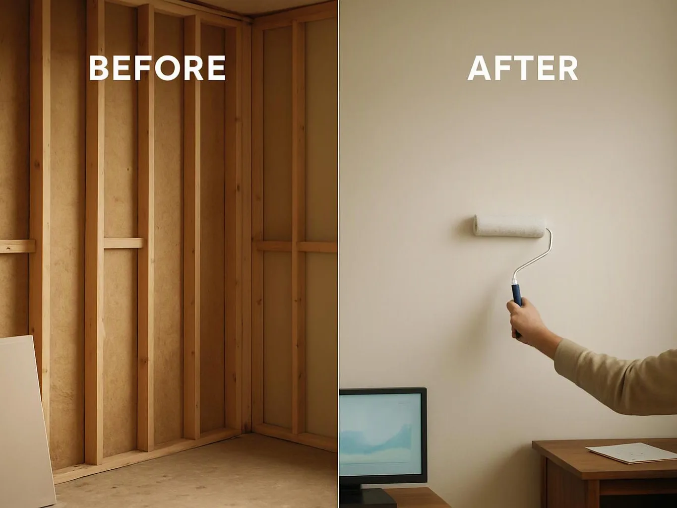Split image shows an unfinished room on the left and a person painting a wall on the right