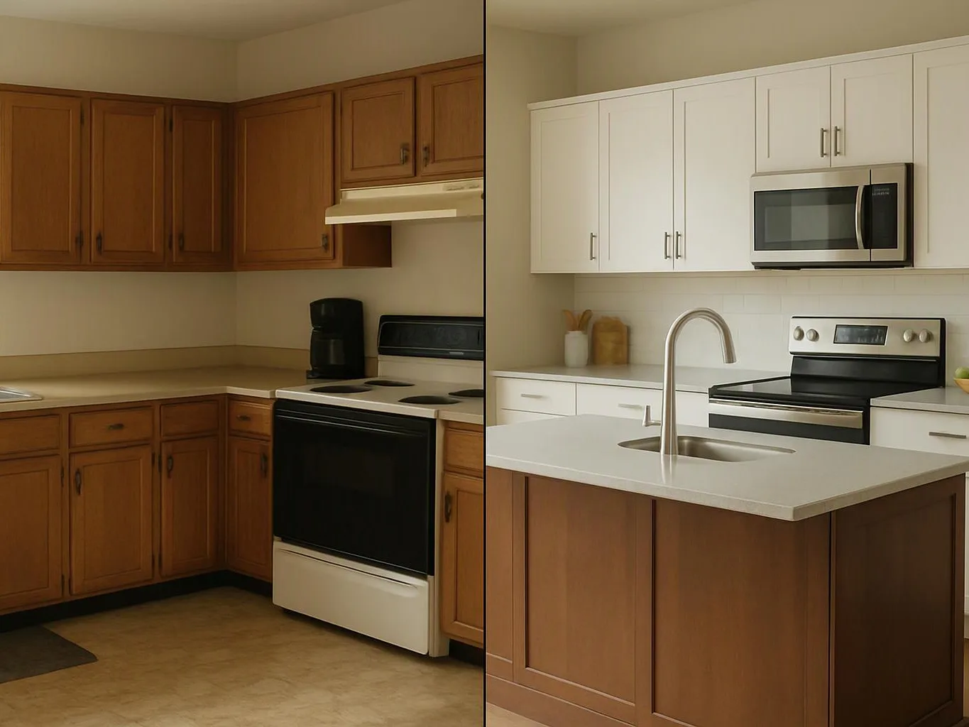 Split-screen kitchen shows dark wood cabinets on the left and white cabinets with an island on the right