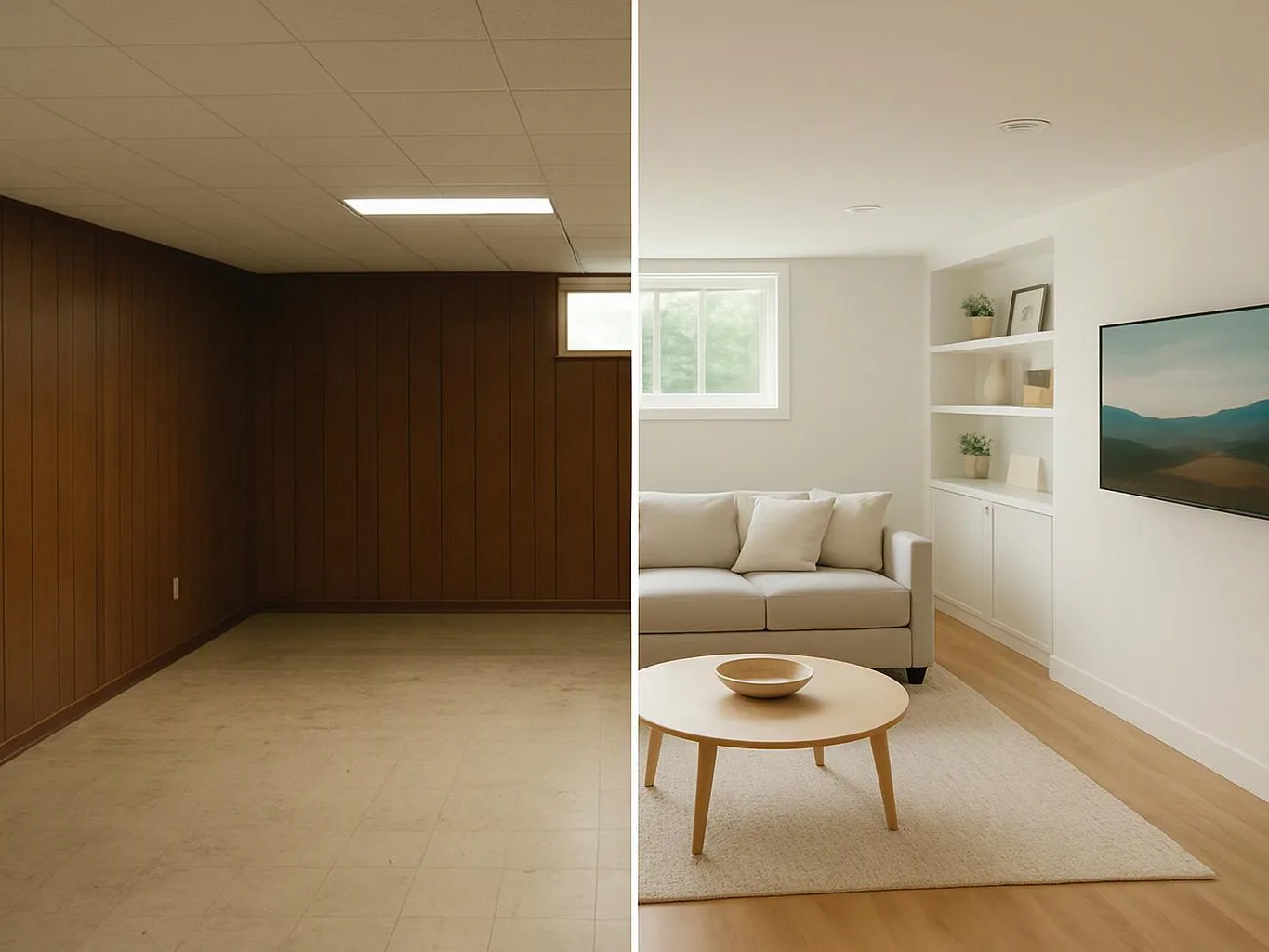 A split-screen room shows a dark unfinished basement beside a bright furnished living room with a sofa and coffee table