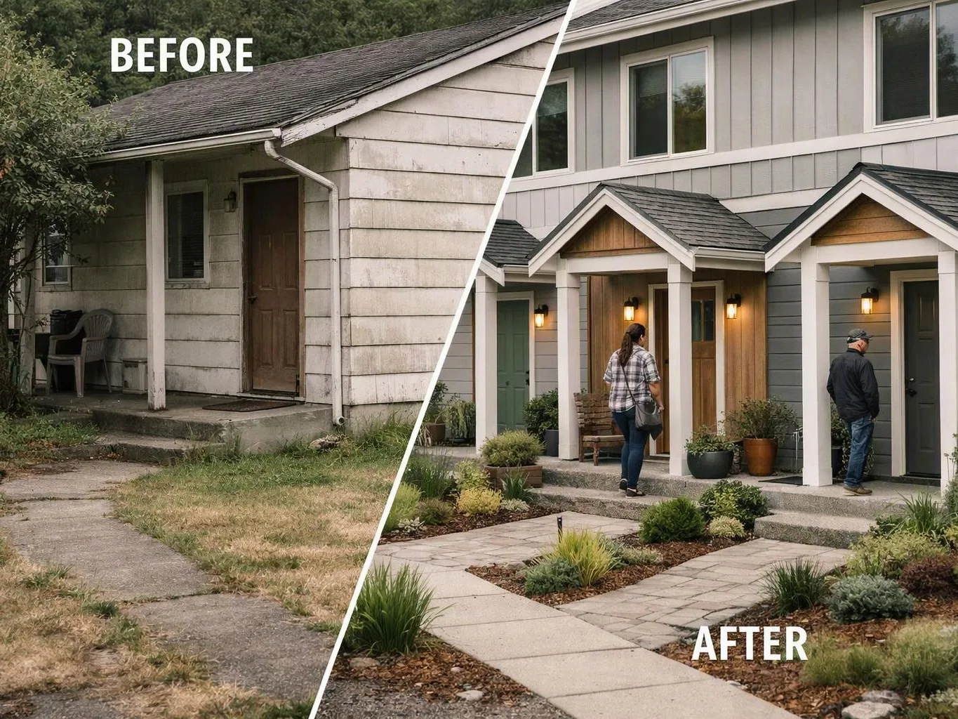 Split-view of a house exterior before and after renovation, with two people standing on the updated front porch