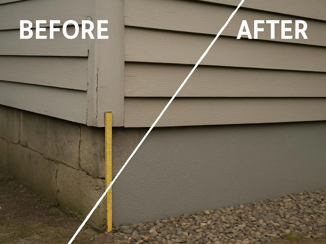 Split view of house siding and foundation, with a measuring tool marking a crack on the corner