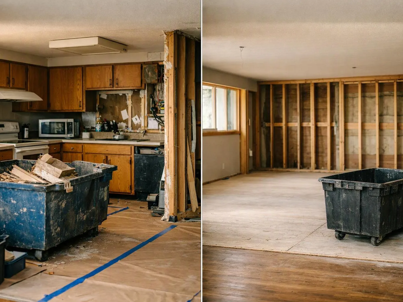 A split-view kitchen and room show demolition debris and a wheeled trash bin during renovation