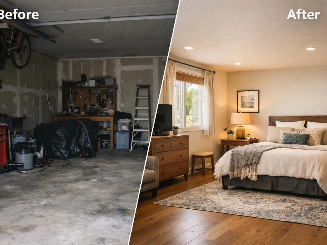 Split view shows a cluttered garage before and a neat bedroom with bed, dresser, lamp, and window after
