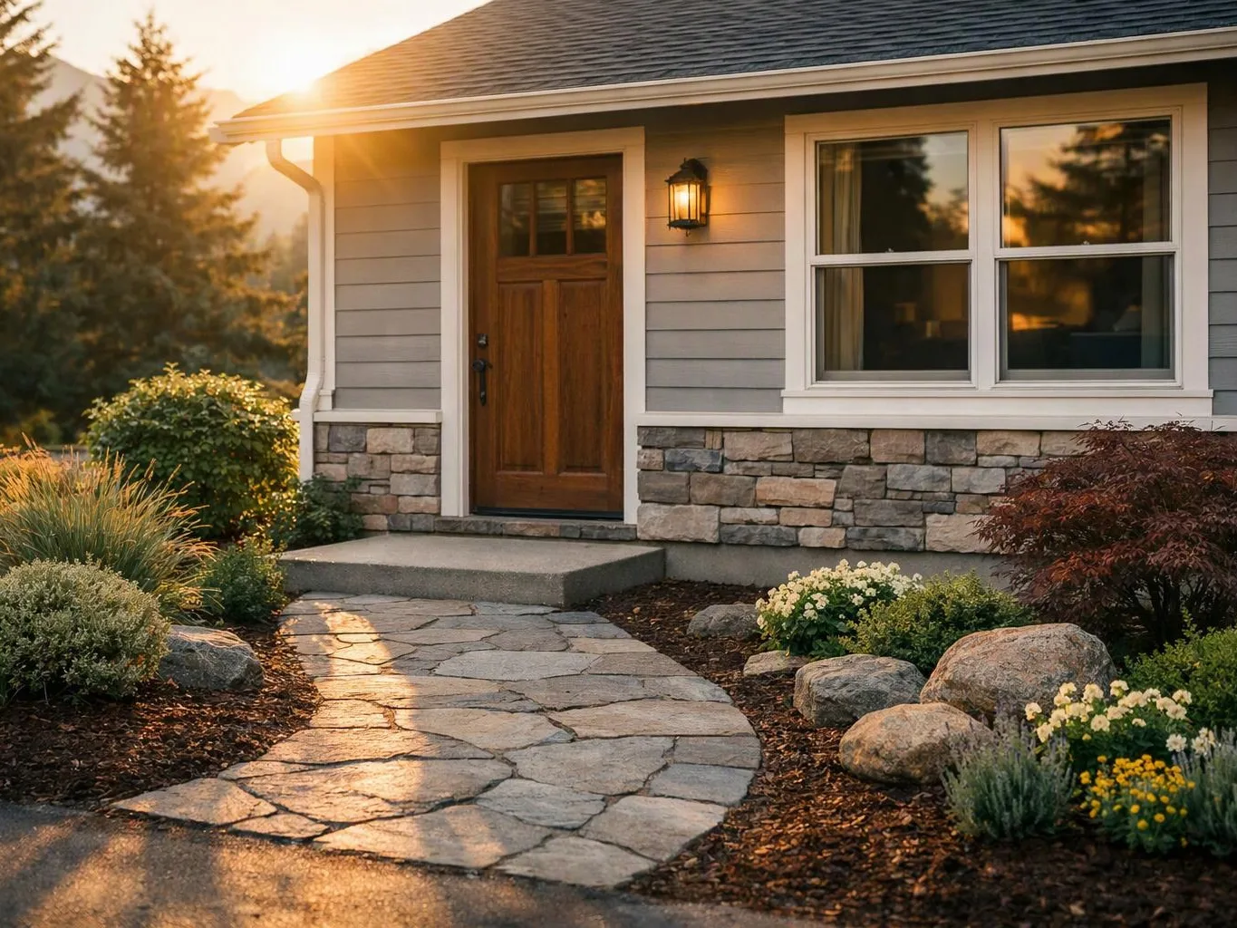 A stone walkway leads to a wooden front door beside windows and a lit porch lamp in a landscaped yard
