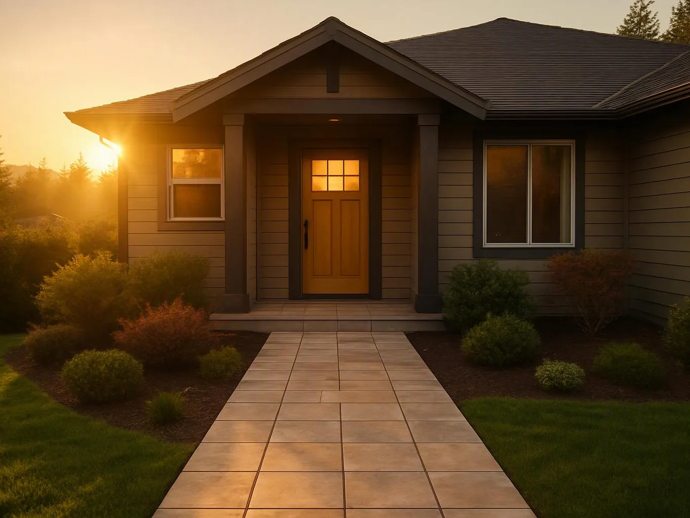 A sunlit house entrance with a tiled walkway, front door, windows, and landscaped shrubs at sunset