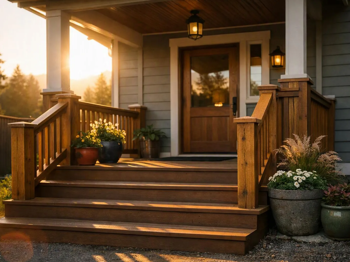 Sunlit wooden porch steps lead to a front door beside potted flowers and lanterns