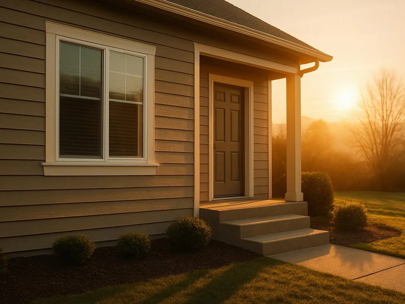 Sunset light hits a gray house with a front door, window, steps, and trimmed shrubs