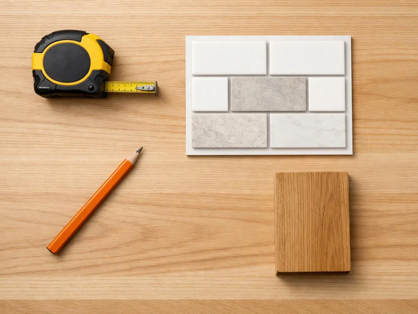A tape measure, pencil, tile sample, and wood block rest on a light wooden work surface