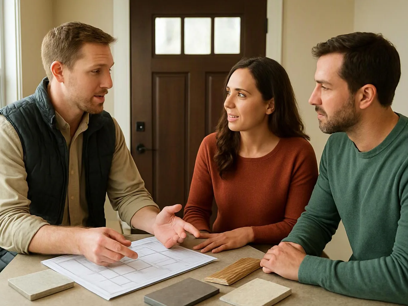 Three adults discuss floor samples and a layout plan at a table near a front door