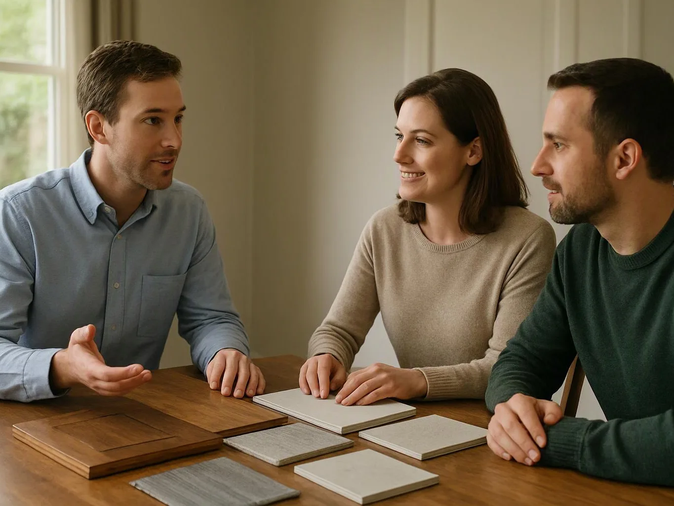 Three adults sit at a wooden table, talking and looking at sample boards and tiles