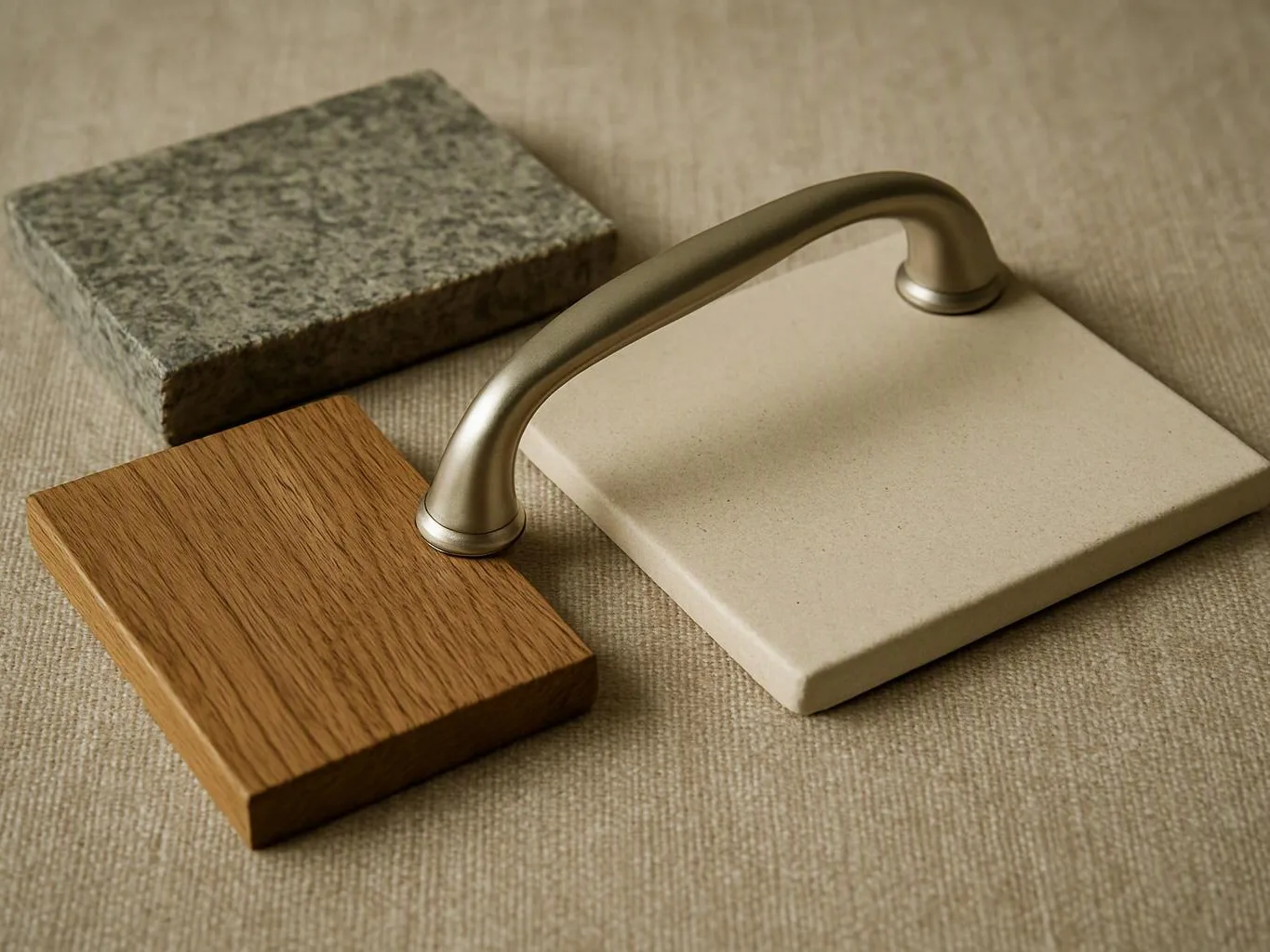 Three material samples, wood, stone, and beige tile, sit on fabric with a curved metal handle across them