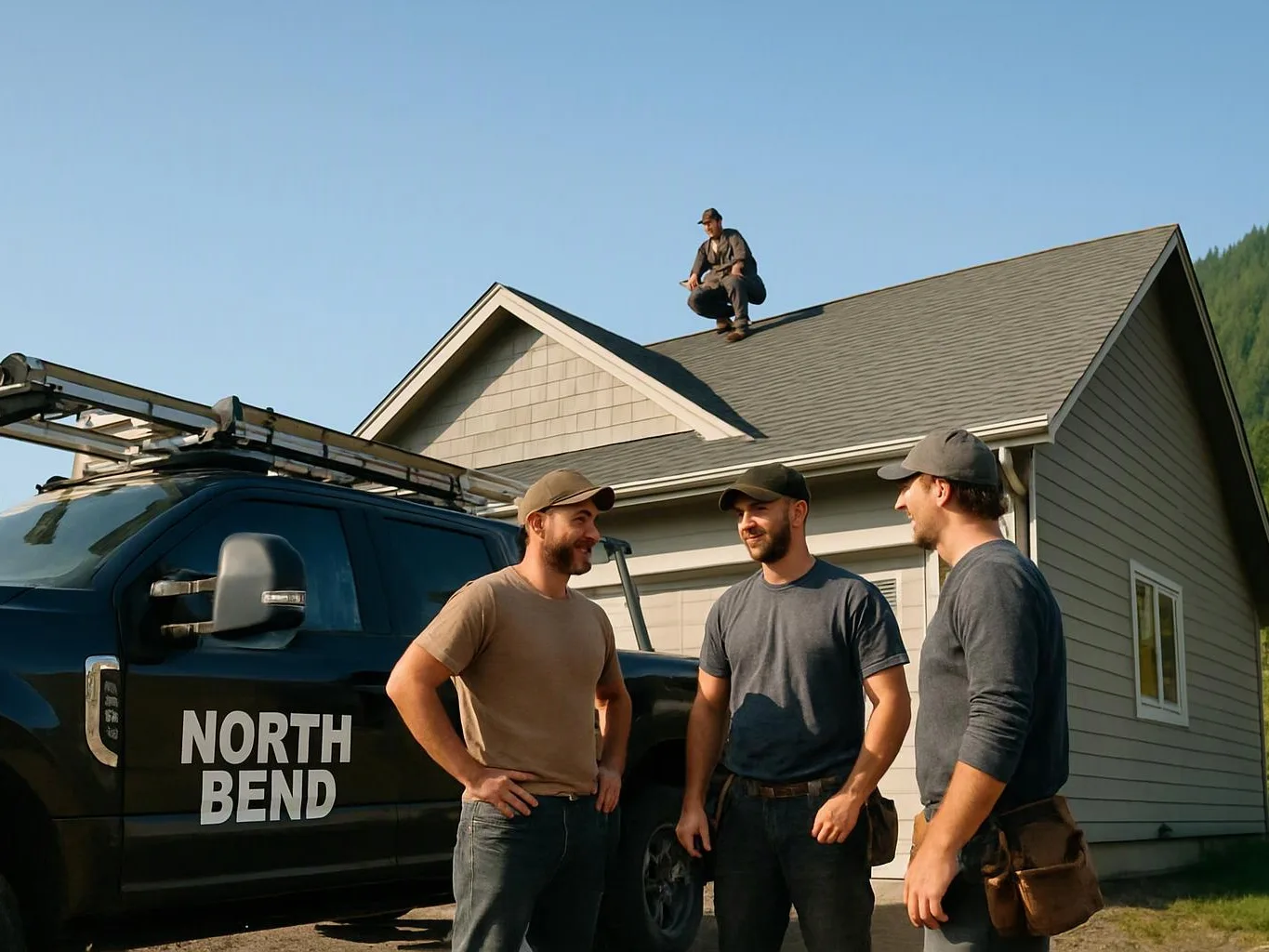 Three men talk beside a black service truck while another worker crouches on the roof of a house