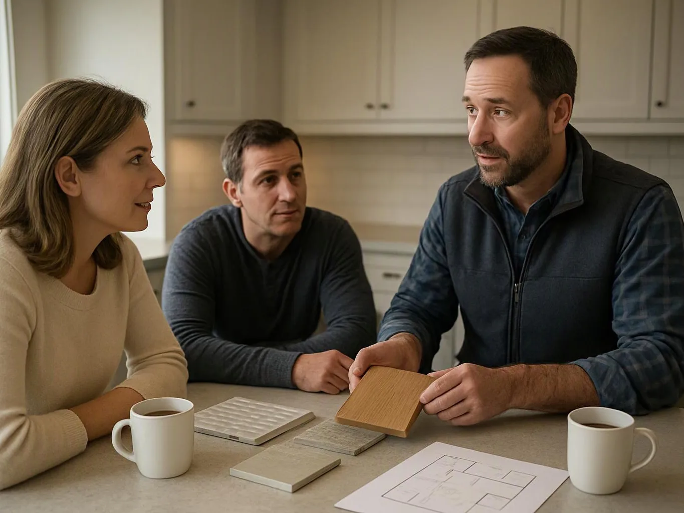 Three people talk at a kitchen table while one man holds up a wood sample and tile swatches