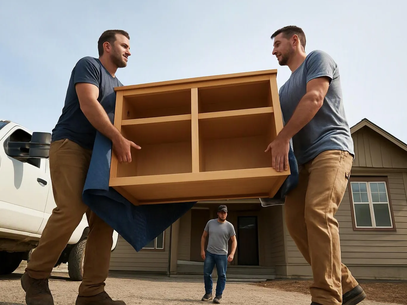 Two men carry a large wooden cabinet toward a house while a third man stands nearby and watches