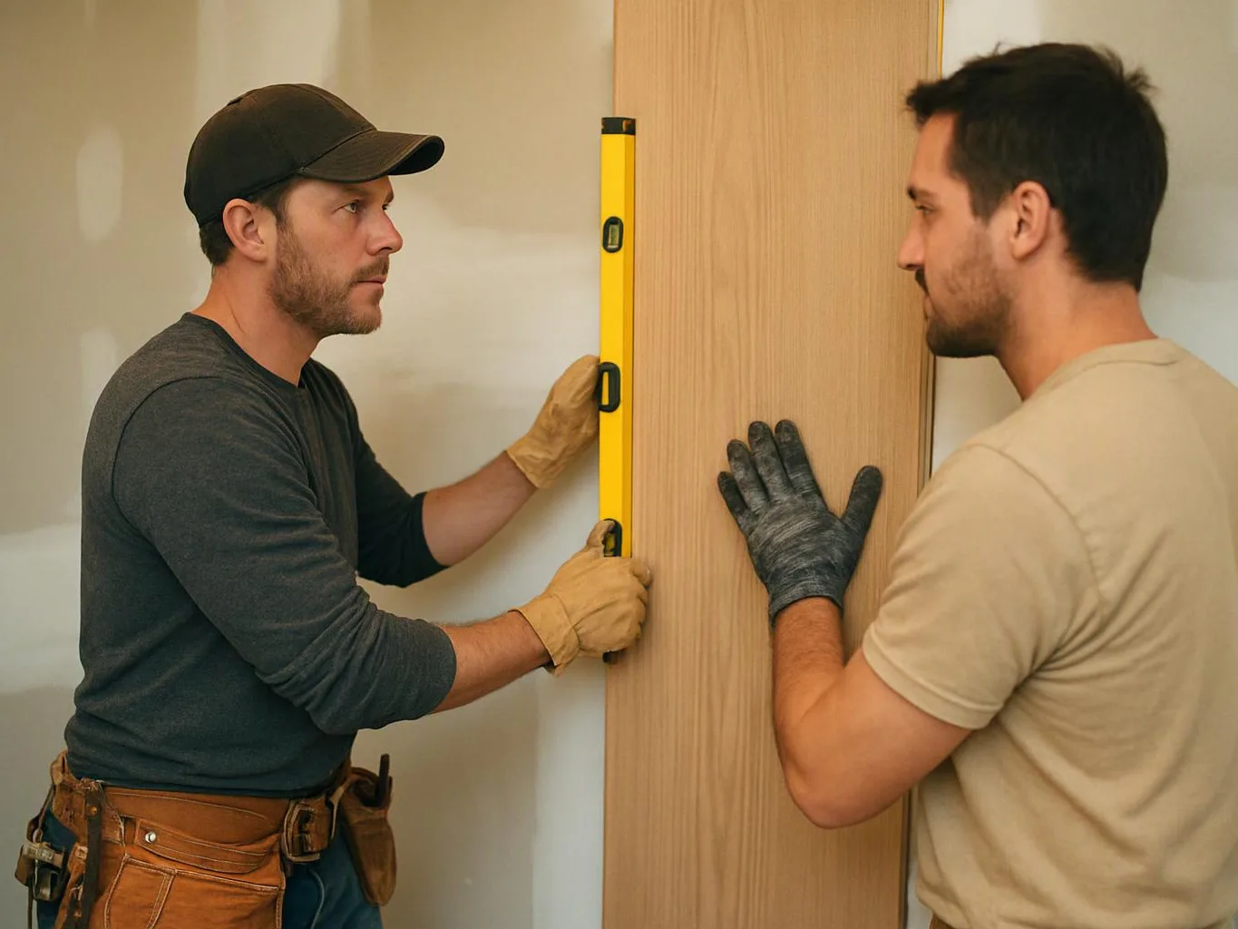 Two men in gloves hold a level against a tall wooden panel during indoor construction work