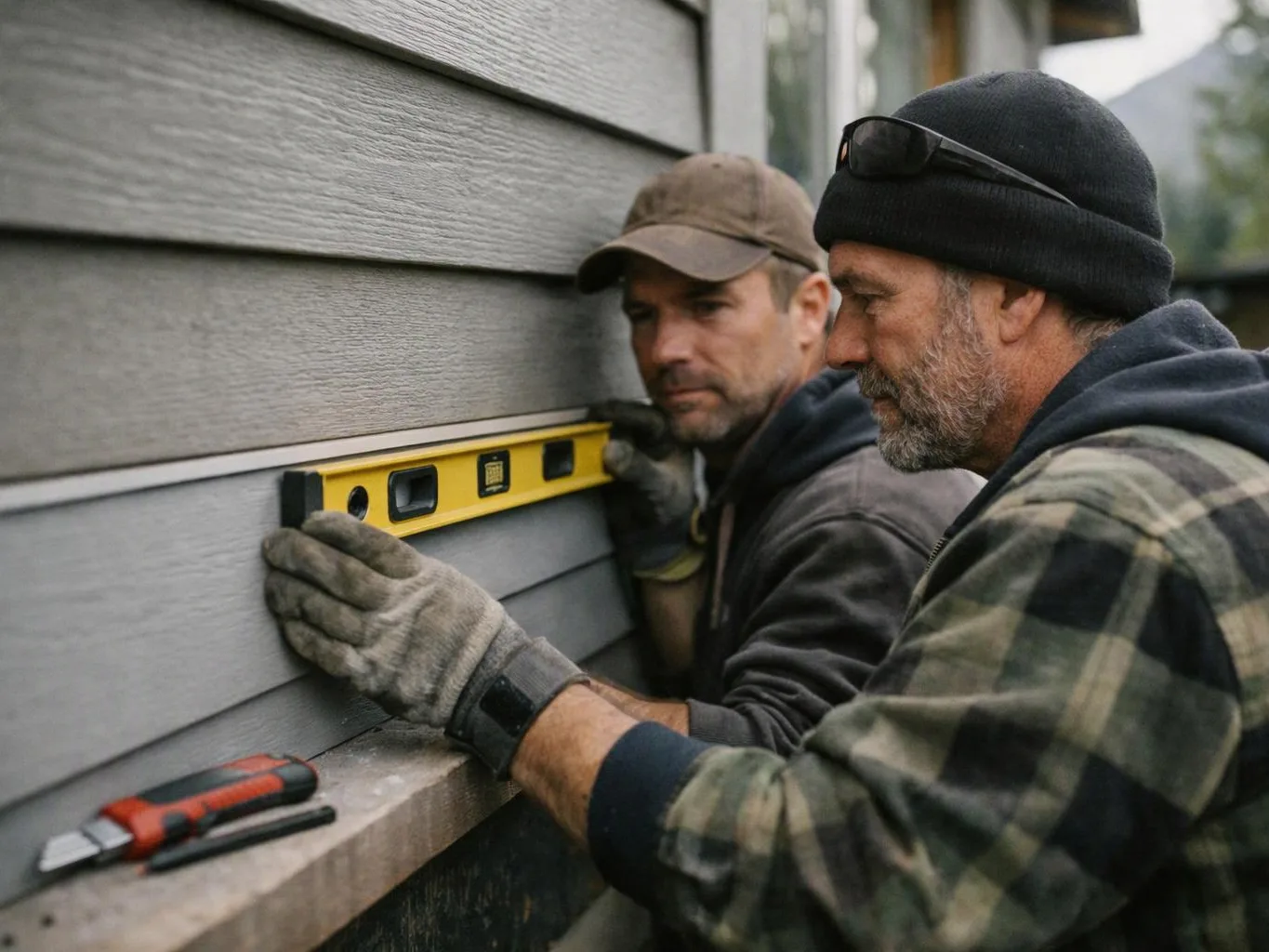 Two men in gloves use a level to align gray siding on a house wall