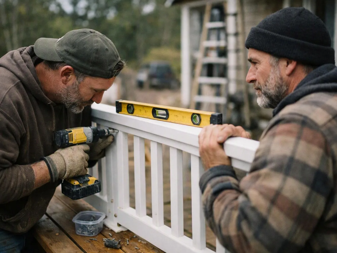 Two men install a white railing outdoors, one drilling while the other holds it level