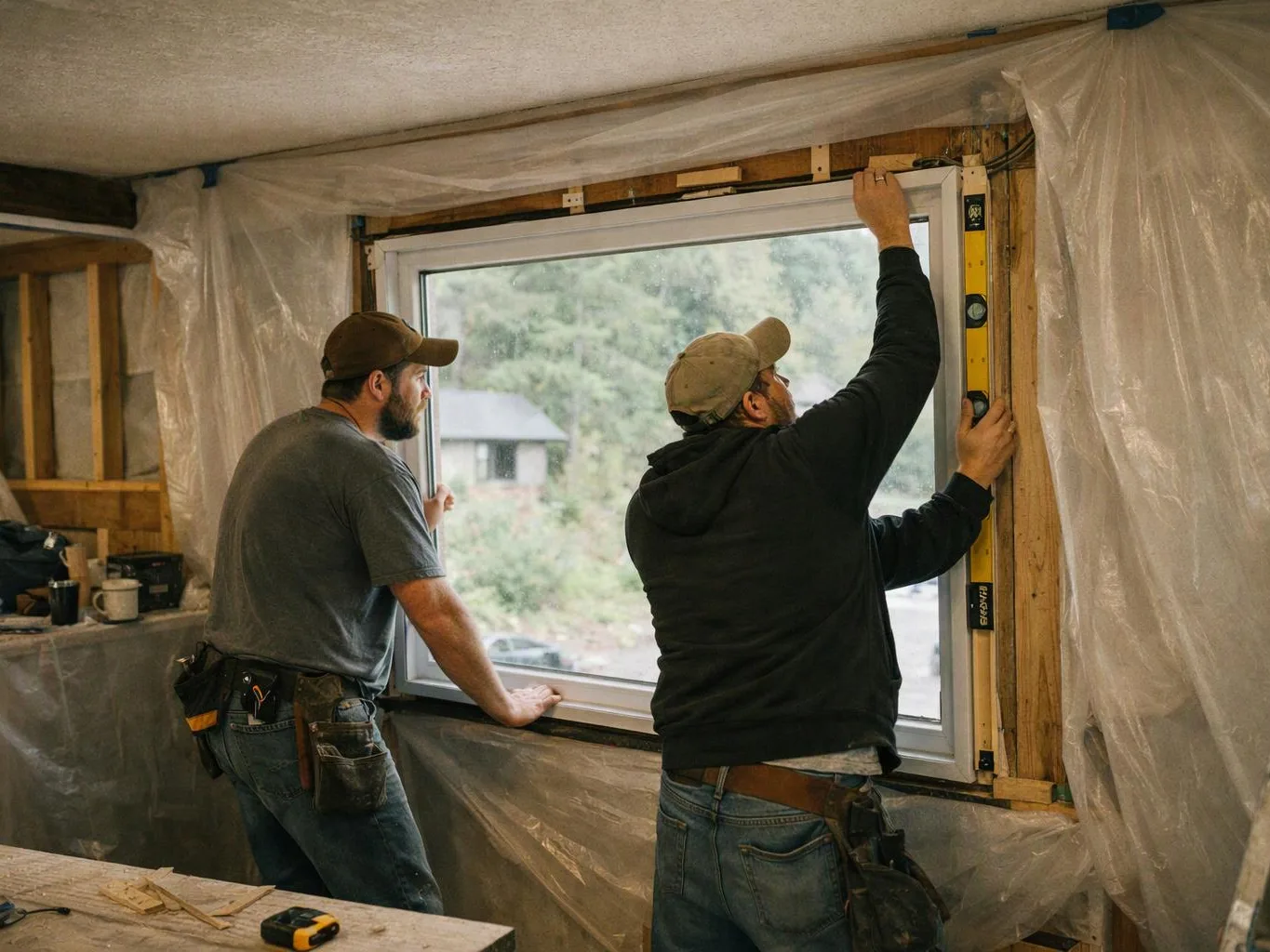 Two men install a window frame in a partly covered room with tools and exposed wall studs