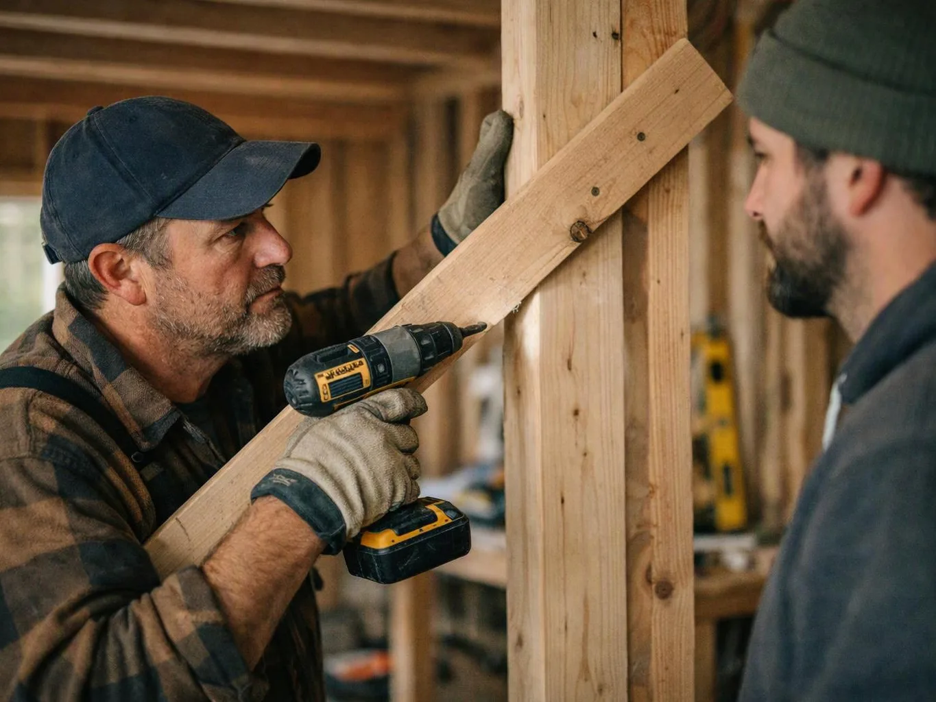 Two men work on a wooden frame, one drilling a brace while the other watches in a construction site