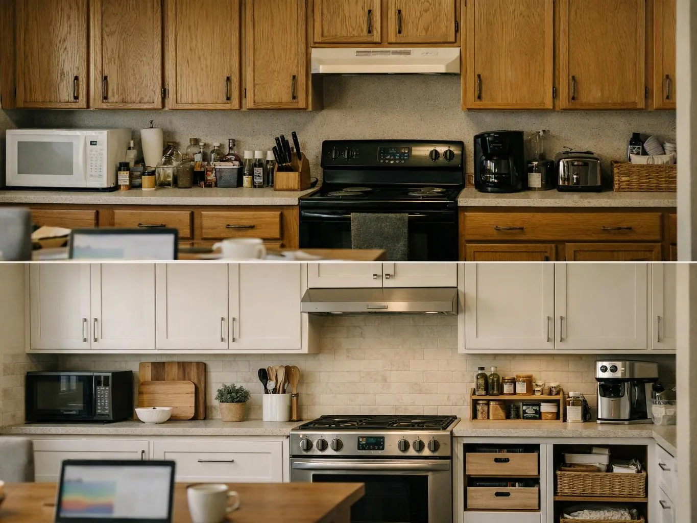 Two modern kitchens are shown stacked one above the other, each with cabinets, stove, microwave, coffee maker