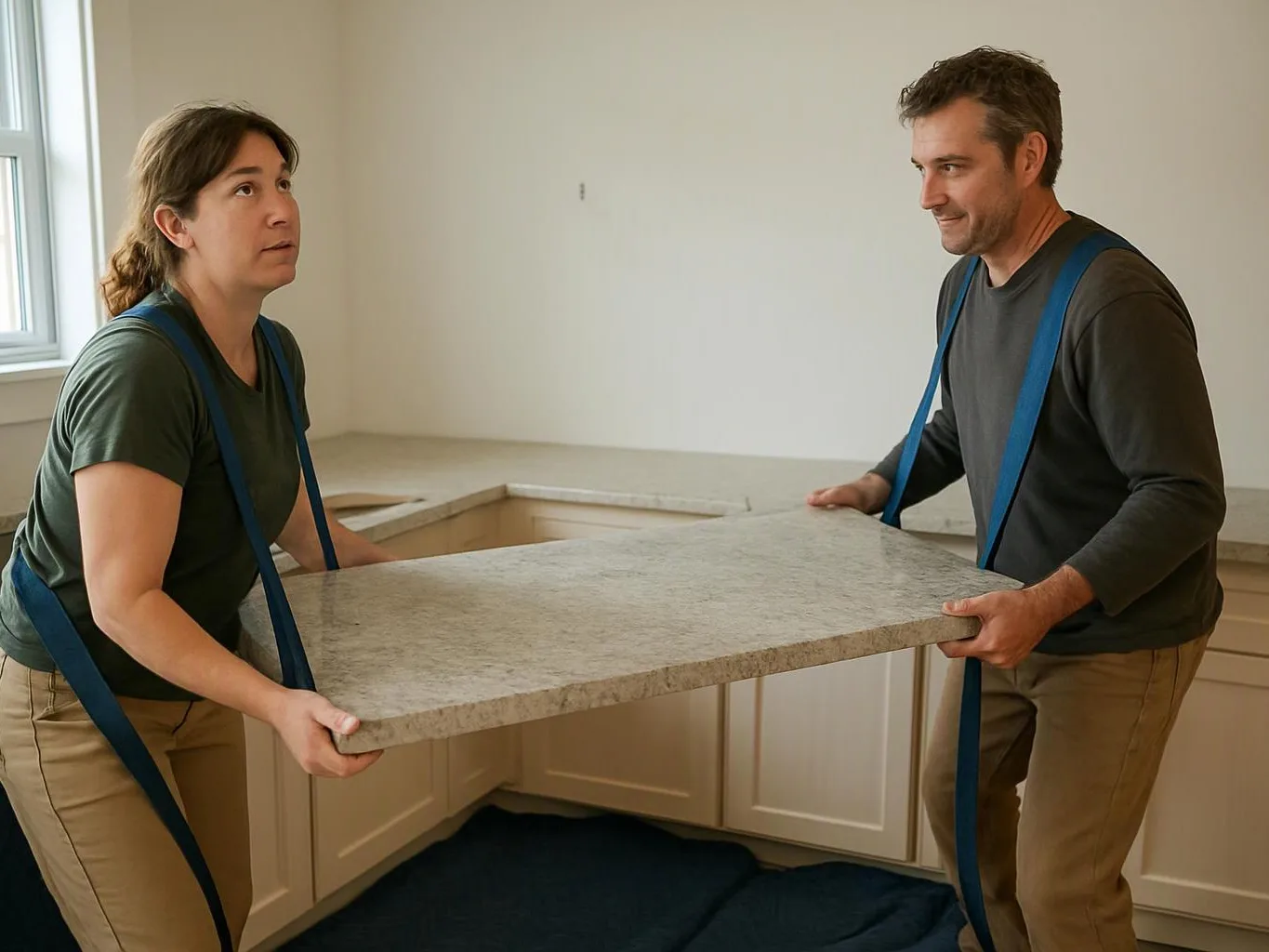 Two people carry a heavy countertop through a bare kitchen with white cabinets