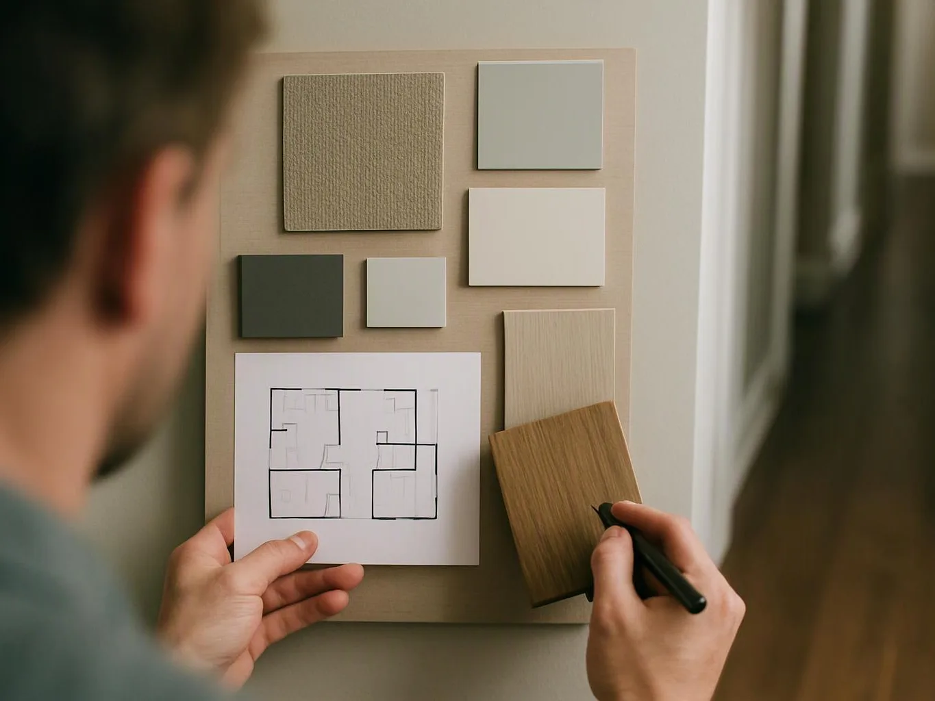 Two people compare paint and wood samples beside a floor plan board inside a bright room